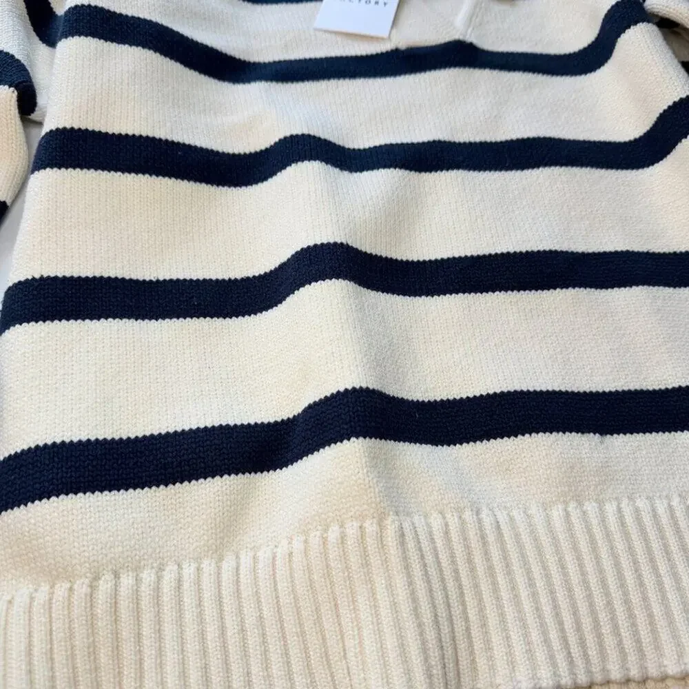 English Factory Striped Sweater Large Navy Cream V Neck Coastal Preppy NWT